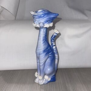 Vintage Enesco Blue White Striped Long Neck Porcelain Spaghetti Cat Japan